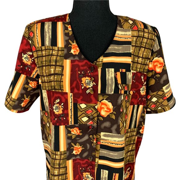 VINTAGE 90s Short Sleeve Floral Multicolour Abstract Blouse - Picture 1 of 10